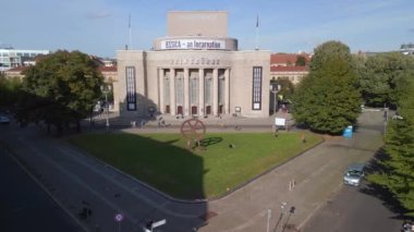 static tripod hovering drone berlin Volksbuehne Rosa Luxemburg place summer day 2022. high quality 4k Cinematic footage