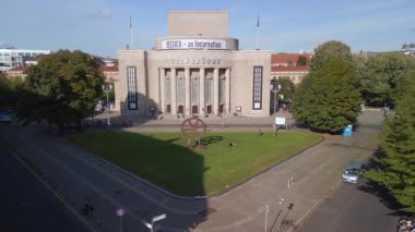 fly reverse drone berlin Volksbuehne Rosa Luxemburg place summer day 2022. high quality 4k Cinematic footage