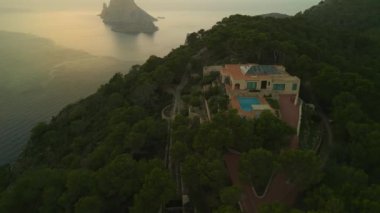 panorama overview drone villa on island ibiza es vedra autumn 2022. High Quality 4k Cinematic footage