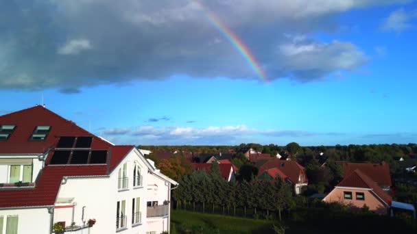 Ascending Drone Rainbow Blue Sky Big Cloud Brandenburg Germany Summer — Video Stock