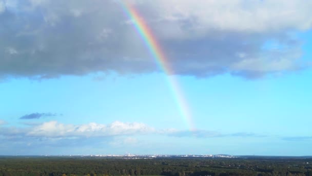 Descending Drone Rainbow Blue Sky Big Cloud Brandenburg Germany Summer — Vídeos de Stock