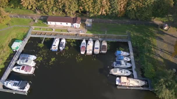 Drone Camera Pointing River Port Brieselang Brandenburg Germany Summer Golden — Stock Video