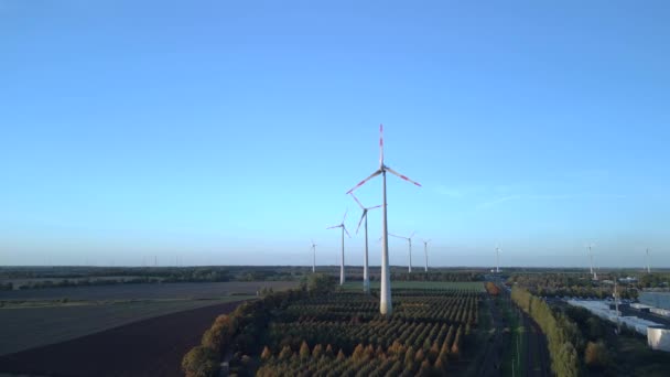 Fly Push Drone Wind Farm Wheel Field Brandenburg Germany Autumn — Stockvideo