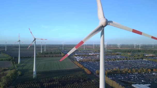 Descending Drone Wind Farm Wheel Field Brandenburg Germany Autumn Day — Stock videók
