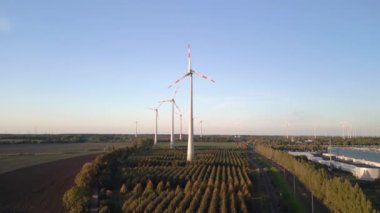 ascending drone of a Wind farm wheel Field at Brandenburg Germany at autumn day 2022. High Quality 4k Cinematic footage