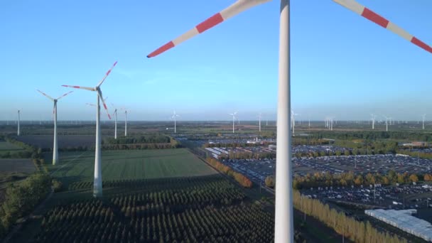Ascending Drone Wind Farm Wheel Field Brandenburg Germany Autumn Day — Wideo stockowe