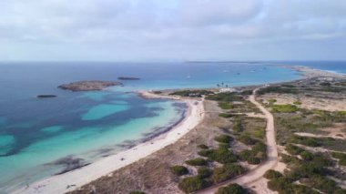 wide orbit overview drone beach formentera island ibiza spain, fall 2022. High Quality 4k Cinematic footage