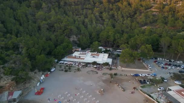 Wide Orbit Overview Drone Cala Benirras Beach Ibiza Spain Evening — Stockvideo