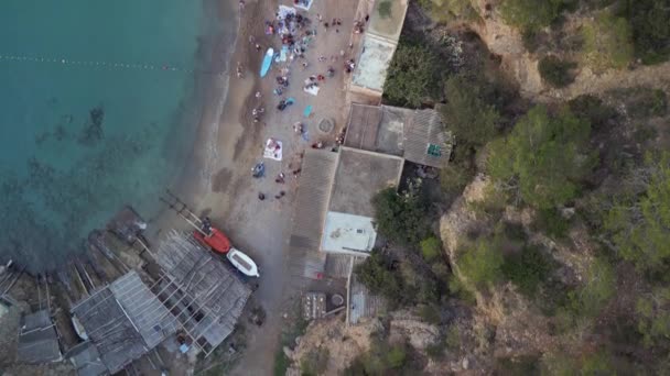 Vertical Birds Eye View Drone Cala Benirras Beach Ibiza Spain — Vídeos de Stock