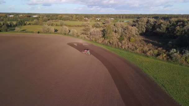 Panorama Overview Drone Tractor Autumn Field Brandenburg Havelland Germany Summer — Stock Video