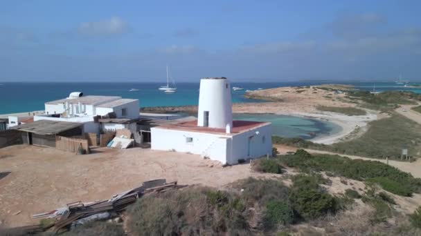 Sobrevuelo Imágenes Aviones Tripulados Playa Moli Sal Isla Formentera Ibiza — Vídeos de Stock