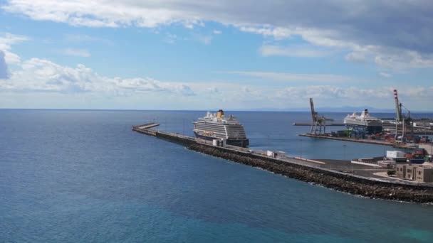 Panorama Översikt Drönare Skeppsvrak Stranden Lanzarote Kanarieöarna Solig Dag Spanien — Stockvideo