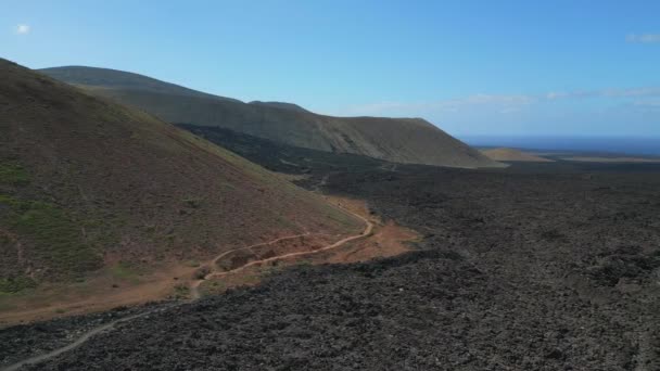 Panorama Overview Drone Lava Field Lanzarote Canary Islands Sunny Day — Stock video