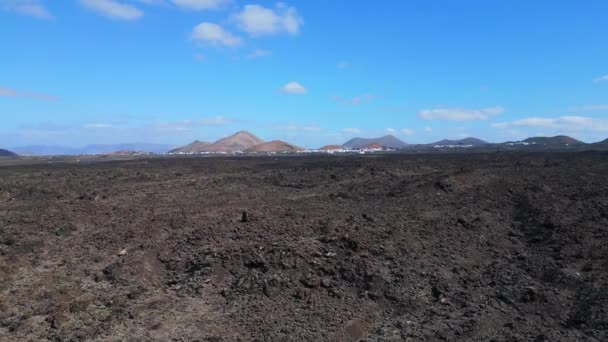 Fly Reverse Drone Lava Field Lanzarote Canary Islands Sunny Day — Wideo stockowe