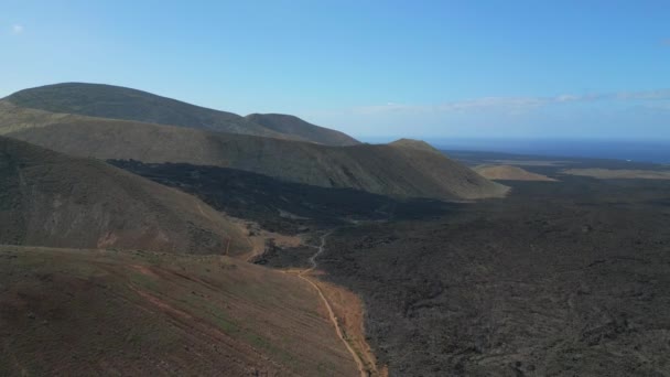 Panorama Overview Drone Lava Field Lanzarote Canary Islands Sunny Day — Stock video