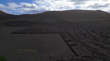 panorama orbit drone black volcano ash in Vineyards, Lanzarote Canary Islands Spain, sunny day 2023. High Quality 4k Cinematic footage 