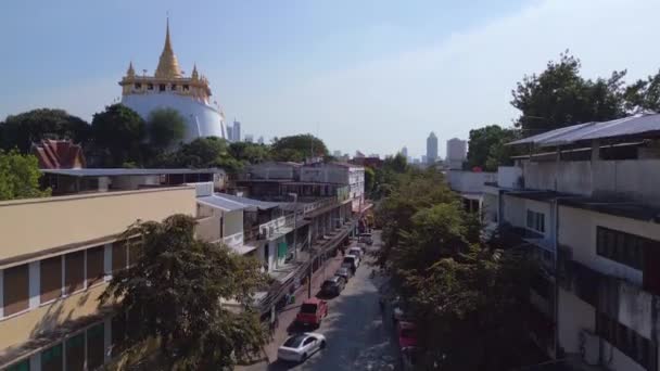 Αύξουσα Drone Μπανγκόκ Tempel Ταϊλάνδη Wat Saket Golden Mount Ηλιόλουστη — Αρχείο Βίντεο