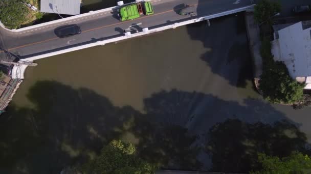 Vertical Birds Eye View Drone Bangkok River Road Bridge Thailand — Stok video