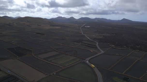 Panorama Overview Drone Black Volcano Ash Track Lava Field Lanzarote — Wideo stockowe