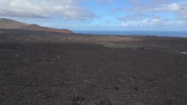 Rotation Right Drone Black Volcano Ash Track Lava Field Lanzarote — Stock video
