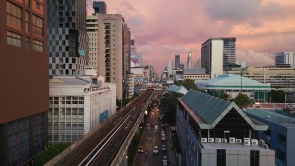 Voar Drone Reverso Distrito Cidade Siam Bangkok Tailândia Por Sol — Vídeo de Stock