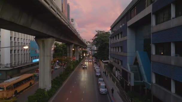 Overvlucht Vlieg Drone Bij City District Siam Bangkok Thailand Zonsondergang — Stockvideo