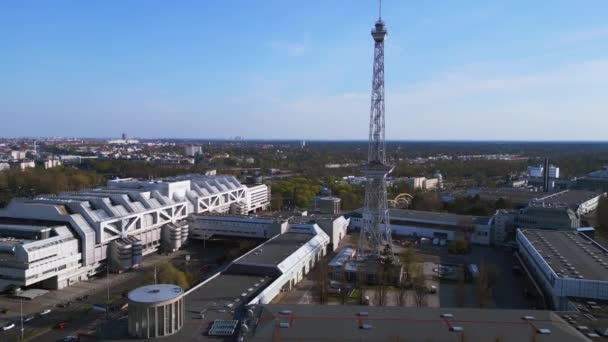 Berlin City Radio Tower Funkturm Exhibition Center Icc Ascending Drone — Stock Video