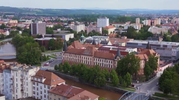 Старый Город Будеевице Чехии Лето 2022 Панорамный Орбитальный Дрон Высококачественный — стоковое видео