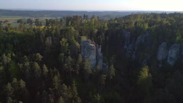 山と谷の風景 チェコ共和国プラチョフ岩の山自然ボヘミアンの丘の楽園春2023年 Uhdシネマティック映像 — ストック動画