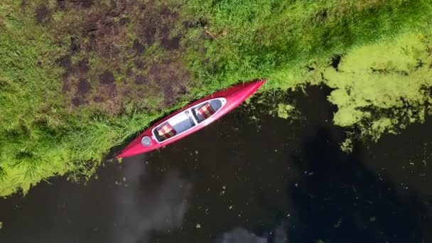 2023年夏 在天然河流上的家庭度假红色桨船 垂直鸟瞰无人机4K电影 — 图库视频影像