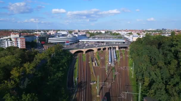 Aerial Top View Flight Yellow Suburban Train Tracks Bahn Station — Stock Video