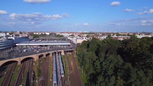 Aerial Top View Flight Yellow Suburban Train Tracks Bahn Station — Stock Video