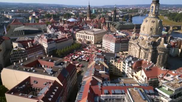 Dresden Kadın Kilisesi Frauenkirche Şehri Almanya Yaz Güneşli Mavi Gökyüzü — Stok video