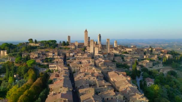 Falú Középkori Hegytorony Város Toszkána Olaszország San Gimignano Boom Csúszik — Stock videók