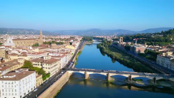 Średniowieczne Miasto Most Florencja Rzeka Arno Toskania Włochy Przegląd Panoramy — Wideo stockowe