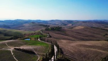 İtalya Cypress Yolu, Toskana kırsal kesimi. İHA 'nın üzerinden uçarken 4k sinematik...