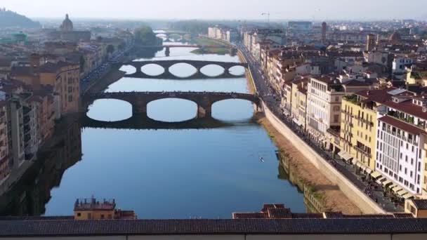 Medieval Bridge Town Florence River Arno Tuscany Italy Overflight Flyover — Stock Video