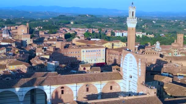 Piazza Del Campo Turm Mittelalterliche Stadt Siena Toskana Italien Überflugdrohne — Stockvideo