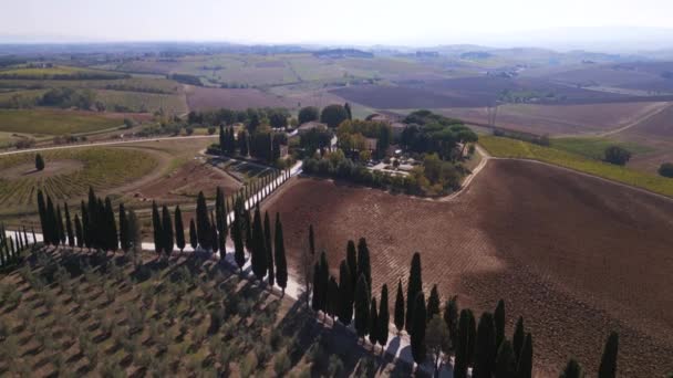 Toskana Weinanbaugebiet Mediteran Italien Fallen Kippen Drohne Filmmaterial — Stockvideo
