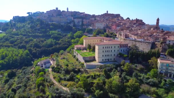 Montepulciano Toscana Medeltida Bergsby Cirkel Drönare Film Landskap Bilder — Stockvideo