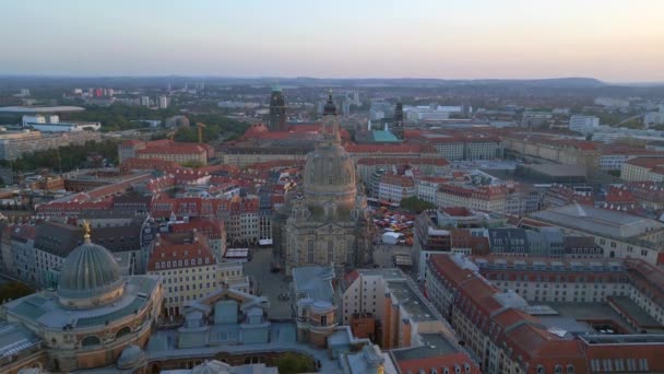 Sunset Dresden Kyrka Katedralen Floden Panorama Översikt Drönare Landskap Bilder — Stockvideo