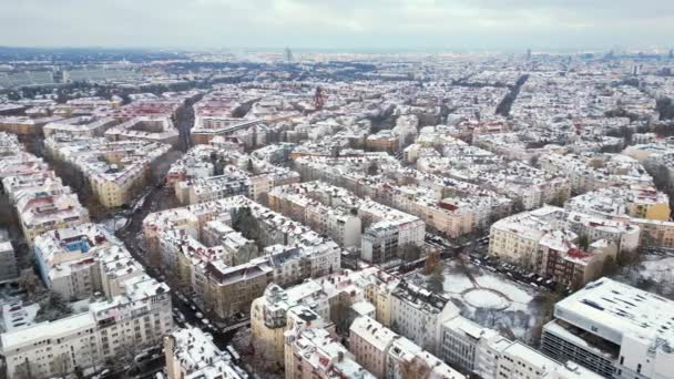 Snowy Winter Berlin Snow Roofs Cloudy Sky Panorama Overview Drone — Stock Video