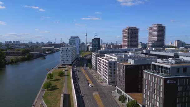Galerie Berlin Eastside Wall Border River Panorama Overzicht Drone Hoge — Stockvideo