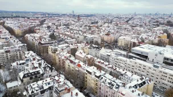 Snowy Winter Berlin Snow Roofs Cloudy Sky Ascending Drone High — Stock Video