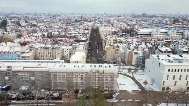 Snowy Winter Berlin Snow Roofs Cloudy Sky Fly Push Drone — Stock Video