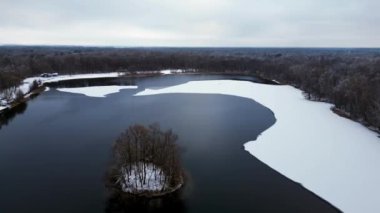 Kar, buz gölü, orman, bulutlu gökyüzü Almanya. İHA. Yüksek kalite 4K görüntülerden İHA görüntüleri