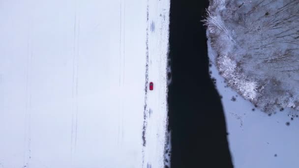 冬季雪河木林阴天德国 无人机 垂直鸟瞰无人机高质量的4K镜头 — 图库视频影像