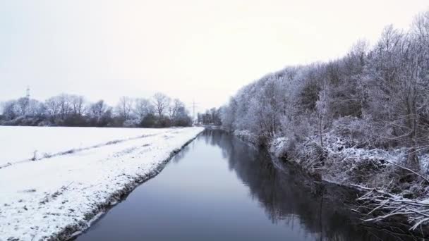 Zima Śnieg Rzeka Las Pochmurne Niebo Niemcy Dron Przelot Nad — Wideo stockowe