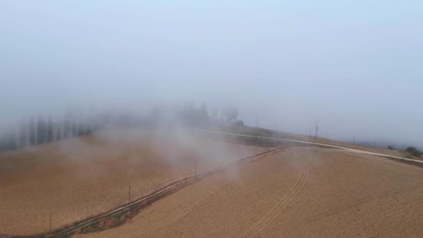 Alba Mattina Nebbia Paesaggio Italiano Toscana Autunno Tirare Drone Filmato — Video Stock