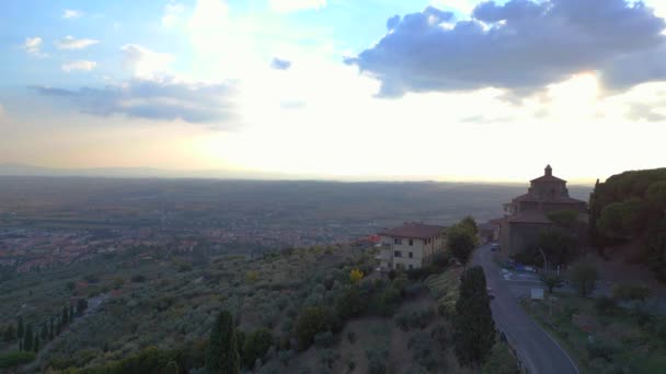 Oude Stad Italiaans Middeleeuws Heuveldorp Toscane Panorama Overzicht Drone Filmische — Stockvideo